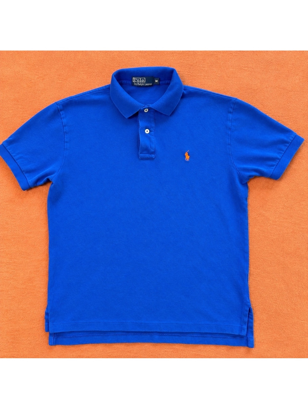 Polo Ralph Lauren Men's Medium Blue Short Sleeve Polo Shirt with Orange Logo